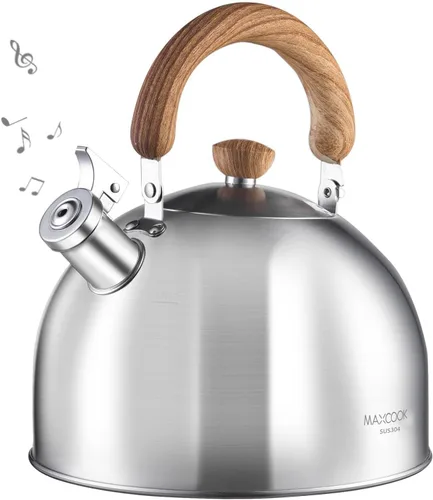 Miniatura 12 de Hervidor de té de acero inoxidable 18/8 para estufa (2L / 2.1 cuartos, tetera silbante, mango de madera) - Plateado