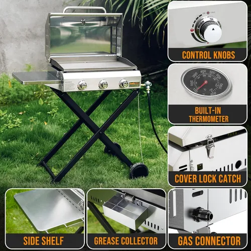Miniatura 6 de ONLYFIRE GRILLS Plancha portátil de gas propano de 3 quemadores con carrito plegable y mesa auxiliar, parrilla de gas plana con tapa, para cocinar