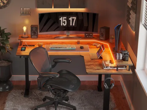 Miniatura 5 de CubiCubi Escritorio de pie con triple motor de 63 pulgadas en forma de L con tira LED y tomas de corriente, escritorio de esquina ajustable