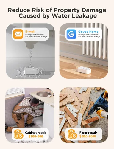 Miniatura 6 de Govee - Paquete de 3 sensores WiFi de agua, detector de fugas de 100 dB, alarma ajustable y alertas en aplicación, alerta de fugas y goteo por