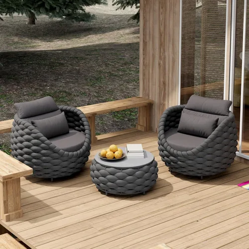 Juego de muebles de porche delantero, 3 piezas: juego de sofá de conversación de patio de cuerda tejida de aluminio para 2 – Juego de sillones