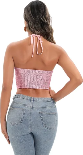 Miniatura 2 de ELQUCHOU Women Going Out Shiny Sexy Cute Metallic Sequin Crop Top Lace Up Halter