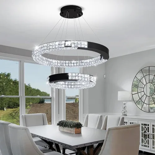 Miniatura 2 de Candelabro LED de anillo dorado para sala de estar, comedor y dormitorio, lámparas de cristal modernas, iluminación colgante, lámparas ajustables