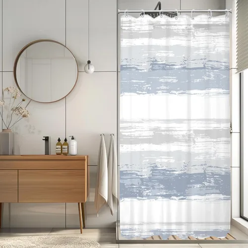 Miniatura 17 de KOMLLEX Cortina de ducha abstracta azul para decoración de baño, 72 pulgadas de ancho x 72 pulgadas de alto, moderna, a rayas blancas y grises