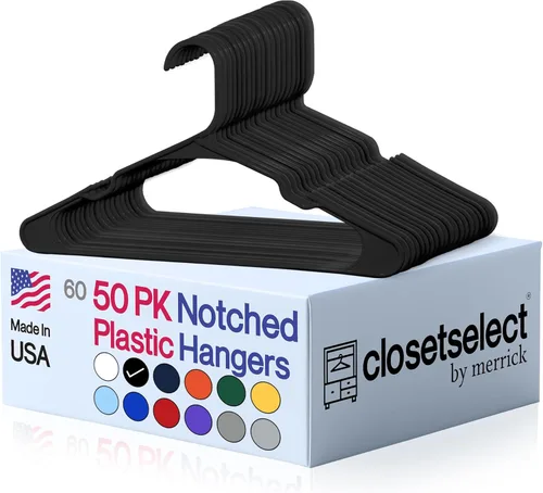 Miniatura 16 de Perchas de plástico, paquete de 50, colgador de ropa fuerte y ahorrador de espacio, fabricado en EE. UU., colgador de plástico perfecto para camisas