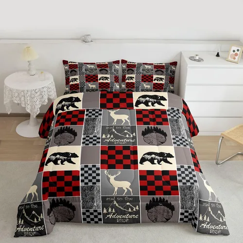 Miniatura 110 de Juego de edredón de oso y ciervo, tamaño individual, ropa de cama de animales salvajes de caza, colcha rústica de cabaña, casa de campo, cuadros