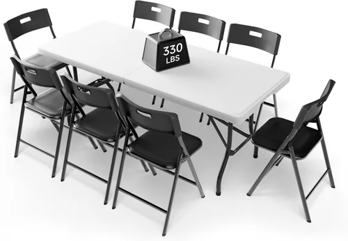 Juego de Mesa Plegable de 6 Pies con 8 Sillas Plegables, Mesa de Servicio Pesado 330 lbs y Sillas de 330 lbs, Paquete de Muebles Plegables Mesa