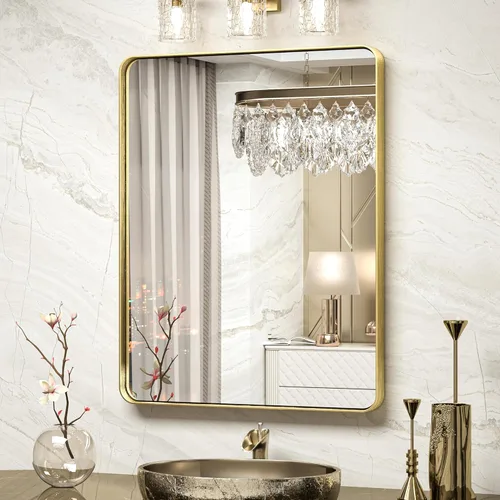 Miniatura 62 de TokeShimi Espejo redondo dorado de 36 pulgadas, espejo redondo de baño para pared con aleación de aluminio antioxidante, marco de metal dorado Oro