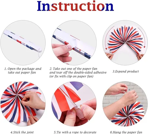 Miniatura 2 de Juego de 12 abanicos de papel para colgar para fiestas, estrellas y rayas del 4 de julio, temática patriótica de Estados Unidos, decoración