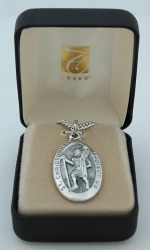 Miniatura 2 de Medalla de San Cristóbal en tono plateado oxidado fino de 1-3/8 pulgadas en cadena chapada en rodio genuino de 24 pulgadas con caja de regalo