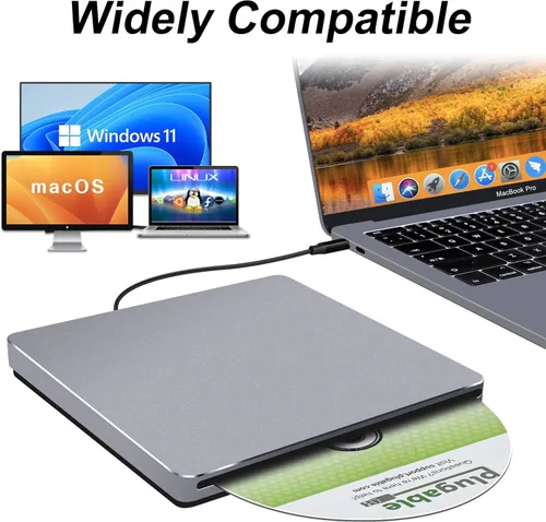Miniatura 3 de Unidad de CD externa para Mac: USB C reproductor de grabadora de DVD SuperDrive para portátil Windows Apple Plug & Play Copia de seguridad de datos