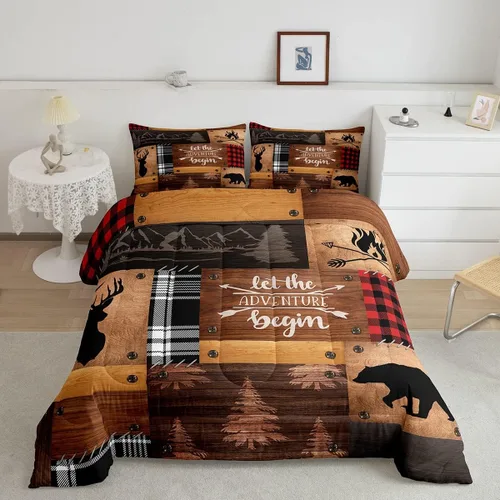 Miniatura 38 de Manfei Rutic Farmhouse - Juego de edredón tamaño King, juego de ropa de cama de retazos de madera a cuadros de ciervo, oso, árbol, 3 piezas