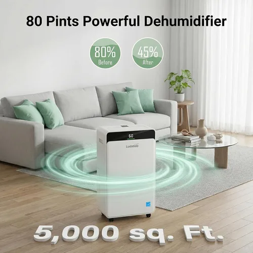 Miniatura 5 de Ludatido Deshumidificador ENERGY STAR actualizado 2026, 80 pintas/día, 5000 pies cuadrados para toda la casa y sótano, tanque de 1.72 galones