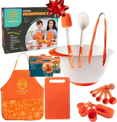 Set de utensilios esenciales de cocción MasterChef Junior, 9 piezas El kit incluye utensilios reales de cocina para niños, recetas y delantal