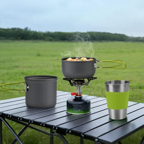 Miniatura 7 de aiGear Juego de 8 utensilios de cocina para acampar, juego de ollas y sartenes con mini estufa de mochilero, taza de acero inoxidable, soporte