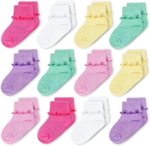 CozyWay Baby Girls Socks Ruffle Ripple Edge Turn Cuff Socks for Baby Toddler Girls 12-Pairs