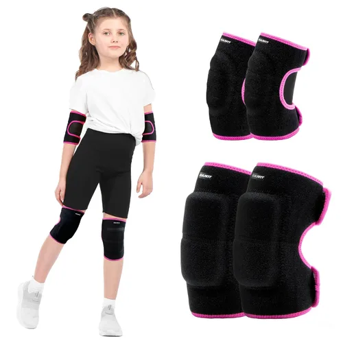 Juego de rodilleras ajustables para niños y jóvenes con almohadillas gruesas SBR para montar, patinar, patinar, snowboard, voleibol (negro y rosa)