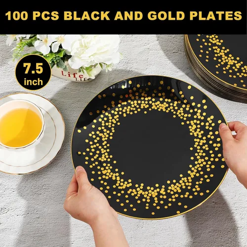 Miniatura 2 de Hsei 100 platos de plástico negros y dorados a granel desechables para Halloween, platos redondos de postre para cenas, bodas, cumpleaños, Navidad