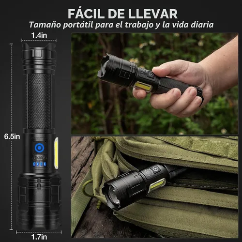 Miniatura 7 de Linterna recargable de 99,000 lúmenes altos, 7 modos de luz LED con COB, potente linterna de mano para el hogar, campamento (paquete de 2)