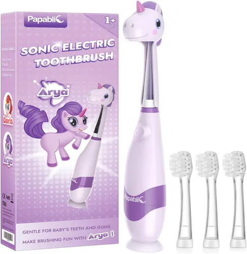 Papablic Cepillo de dientes sónico eléctrico para niños pequeños para edades de 1 a 3 años, cepillo de dientes eléctrico para bebés con linda