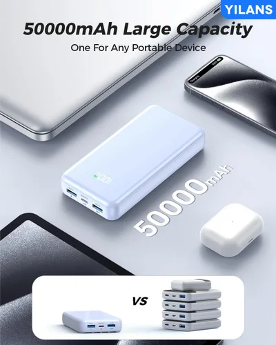 Miniatura 5 de YILANS Cargador portátil, banco de energía de 50000 mAh, cable integrado, 22.5 W PD USB C entrada y salida de carga rápida, batería externa con 6
