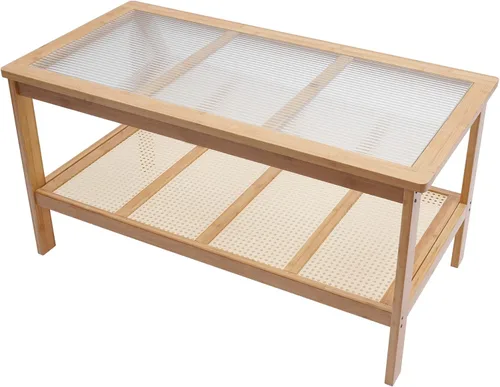 Miniatura 6 de Mesa auxiliar rectangular de 2 niveles de mediados de siglo con parte superior de cristal y estante de almacenamiento rústico, soporte de TV