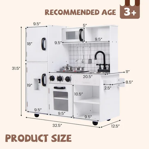 Miniatura 8 de INFANS Juego de cocina para niños, juego de cocina de madera con luz y sonido realistas, estufa, fregadero, microondas, armario de almacenamiento