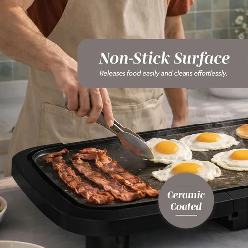 Miniatura 4 de COOK WITH COLOR Plancha eléctrica de 1200 W, superficie antiadherente para panqueques, hamburguesas, huevos y más, control de temperatura extraíble