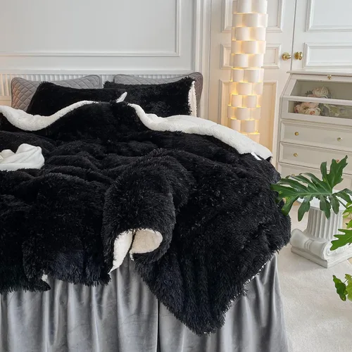 Miniatura 4 de UOZZI BEDDING - Juego de edredón de pelo sintético negro, tamaño Queen, 3 piezas, 1 edredón afelpado negro de 90x90 y 2 fundas de almohada, ultra