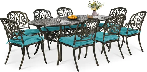 Miniatura 17 de Juego de comedor de patio de 9 piezas, mesa y sillas de patio al aire libre, mesa de comedor ovalada de aluminio fundido de 84 pulgadas con agujero