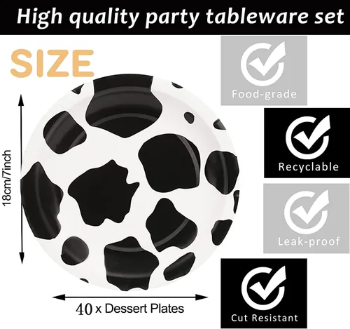 Miniatura 2 de 40 unidades de suministros de fiesta con estampado de vaca, platos de papel de vaca de 7 pulgadas, platos de fiesta para animales de granja