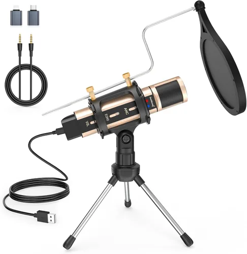 ZealSound Micrófono, USB y micrófono de 3.5 mm con adaptador tipo C para iPhone, computadora, teléfono, micrófono de condensador con eco, volumen,
