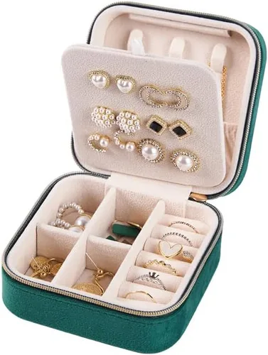 EXUBERTREE Caja de almacenamiento de joyería de viaje de terciopelo de felpa, organizador de joyas de viaje para aretes y anillos, organizador de