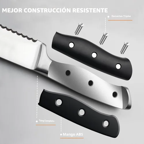 Miniatura 5 de Alata Juego de cuchillos para carne de 8 piezas, 4.7 pulgadas con borde dentado, cuchillos afilados para cena, construcción de espiga completa Negro