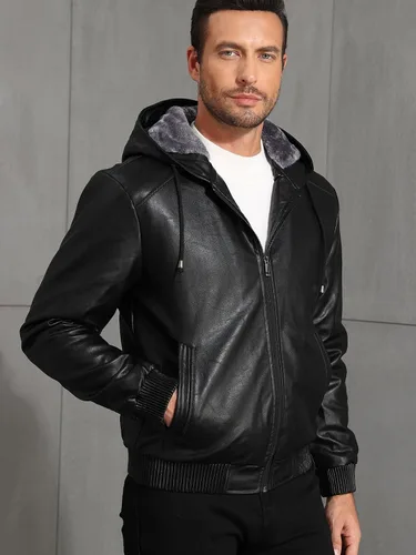 Miniatura 5 de MANSDOUR Chaqueta de cuero sintético para hombre con forro de vellón negro cálido, chaqueta bomber de motocicleta con capucha