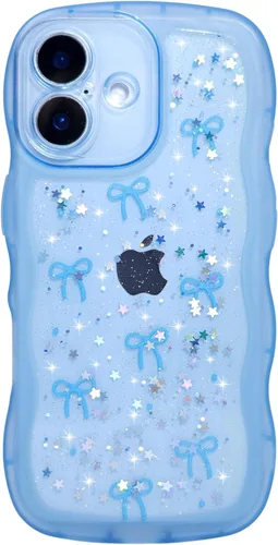 Miniatura 111 de Qokey Funda para iPhone 12 Pro Max de 6.7 pulgadas, diseño de onda rizada, borde transparente, brillante con purpurina, estrella brillante, bonita