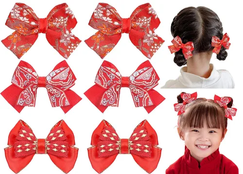 Whaline 3 pares de pasadores de pelo rojo de Año Nuevo 2026, estilo chino, pinzas para el cabello para niñas y bebés, pinzas bordadas para el pelo