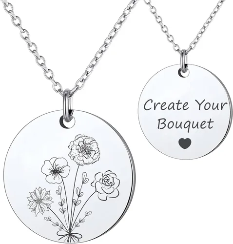 Anavia -Build Your Own Bouquet- Birthmonth Flowers Necklace, Personalized Engraved Floral Coin Necklace, Customized Birthday Gifts Love Jewelry for