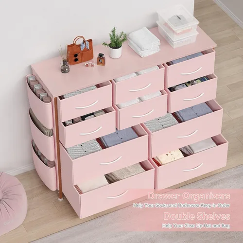 Miniatura 4 de Jojoka Cómoda para dormitorio, cajón de almacenamiento de tela con 10 cajones, aparadores y cómoda con bolsillos laterales, ganchos, mesa de madera