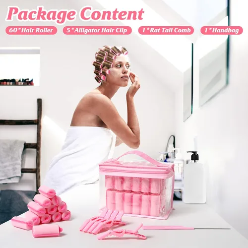 Miniatura 6 de Rodillos de espuma de esponja para dormir, rizadores flexibles con peine de cola y pinzas para el cabello para peluquería (60 piezas, rosa)