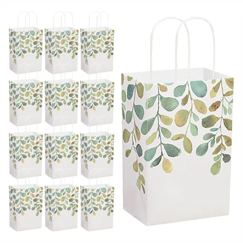 HOME & HOOPLA Spring Greenery - Bolsas de regalo de papel de hojas verdes con acuarela y bolsas para recuerdos de fiesta, 5.25 x 3.5 x 8.25 pulgadas