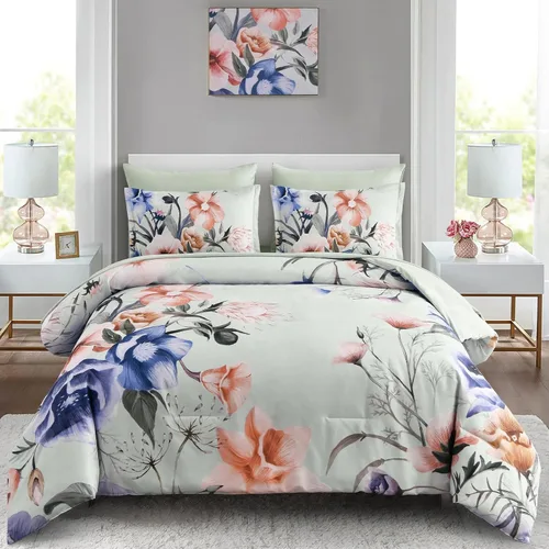 Miniatura 14 de Luxudecor Juego de edredón floral tamaño King de 7 piezas, cama de flores azul marino en una bolsa, elegante edredón floral con juego de sábanas