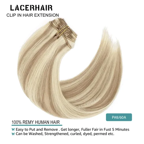 Miniatura 5 de Lacer Extensiones de cabello humano real con clip, color castaño claro, con reflejos rubio platino, grueso, sedoso y lacio, extensiones de cabello