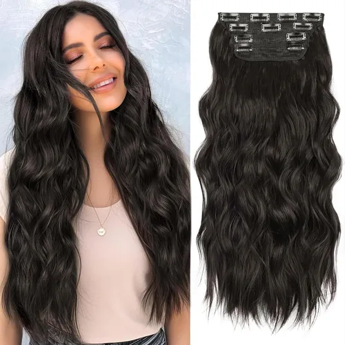 Miniatura 10 de ALXNAN Extensiones de cabello sintético largo y ondulado con clip, de 16 pulgadas, color negro natural, 4 piezas gruesas, fibra de doble trama
