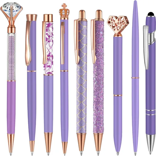 Miniatura 18 de Janmini Juego de 9 bolígrafos de punta de bola de metal con diamantes de cristal y purpurina para diario, tinta negra, cosas bonitas y lindas