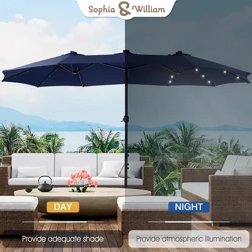 Miniatura 2 de Sophia & William Sombrilla de patio extragrande de 15 pies con luces solares, sombrilla rectangular para exteriores con base incluida, sombrilla
