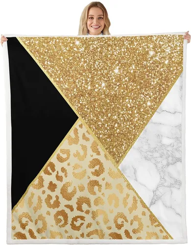 Manfei Manta de mármol con purpurina dorada y estampado de leopardo para sofá, manta de cama de mármol blanco y negro para niños y niñas, manta de