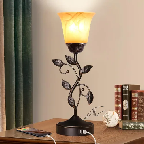 Miniatura 2 de Lámpara de mesa con control táctil con 2 puertos de carga USB, lámparas de mesita de noche regulables de 3 vías, pantalla de vidrio ámbar, lámpara