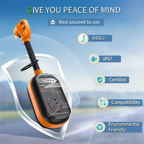 Miniatura 2 de EyGde Protector contra sobretensiones RV de 30 amperios, analizador de circuitos de 30 amperios con cubierta impermeable, protección de voltaje