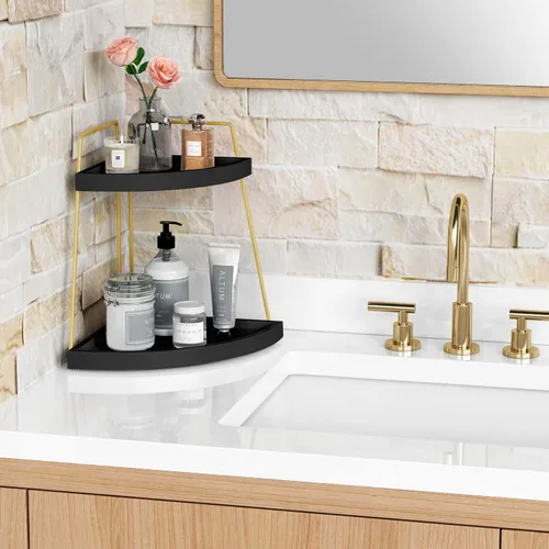 Miniatura 2 de Forbena Organizador de Rincón para Encimera de Baño en Negro y Oro, Organizador Moderno de Encimera de Cocina para Lavabo, Bandeja de Almacenamiento